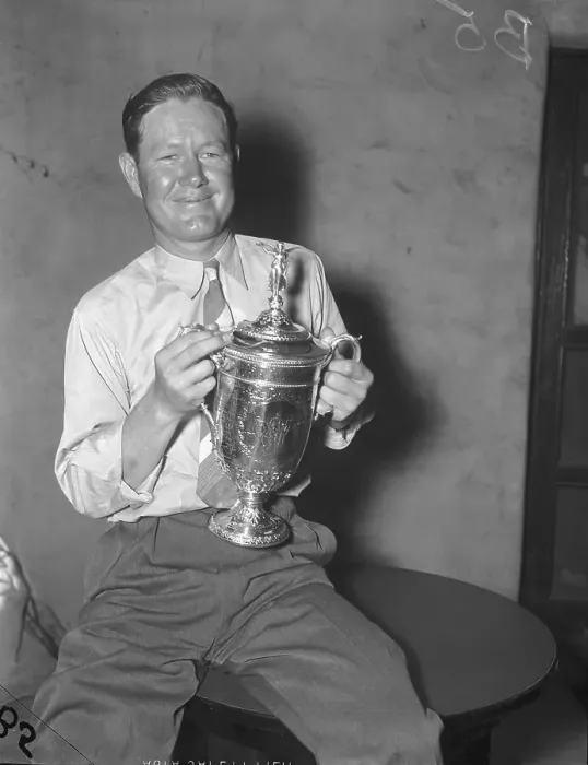Framed Print : Byron Nelson Displaying National Open Golf Trophy Framed Print : Byron Nelson Displaying National Open Golf Trophy