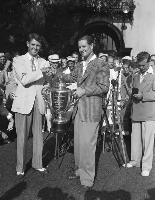 Framed Print : Byron Nelson and Henry Picard Shaking Hands over Trophy Framed Print : Byron Nelson and Henry Picard Shaking Hands over Trophy