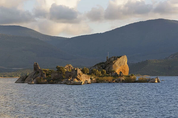 Byzantine fortress on an island in Lake Bafa, Lake Bafa, Mugla Province, Aegean region, Turkey