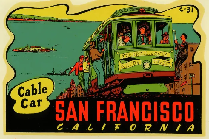 Framed Print : Cable Car. USA - 1955: A decal of a cable car in San Francisco, California Framed Print : Cable Car. USA - 1955: A decal of a cable car in San Francisco, California