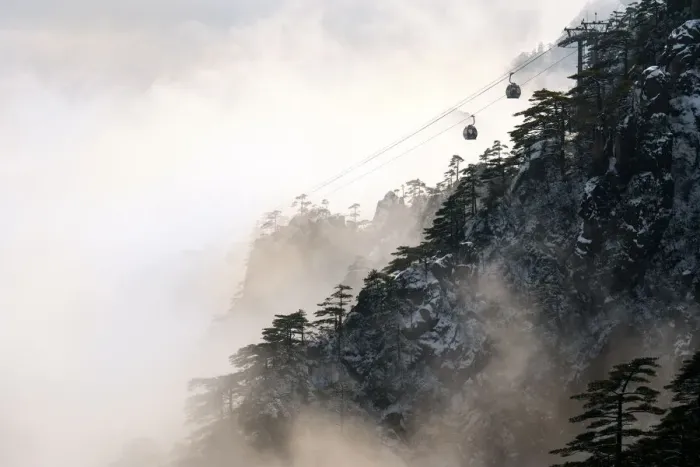 Framed Print : Cable car on Huangshan mountain in foggy day Framed Print : Cable car on Huangshan mountain in foggy day
