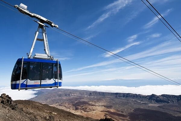 Cable railway high above Canadas de Teide mowing to mountain station, Teide Nationalpark, Tenerife, Spain