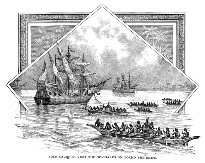 Framed Print : Caciques visits spaniards on board engraving 1892 Framed Print : Caciques visits spaniards on board engraving 1892