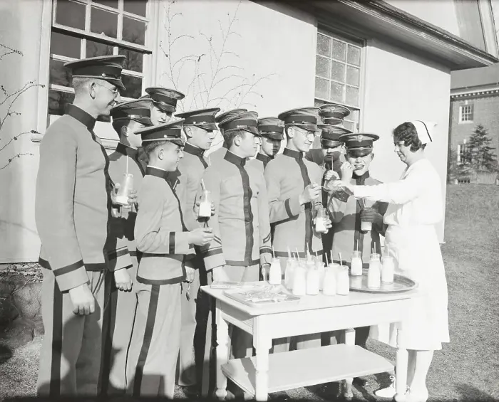 Framed Print : Cadets Receiving Cod Liver Oil and Milk Framed Print : Cadets Receiving Cod Liver Oil and Milk