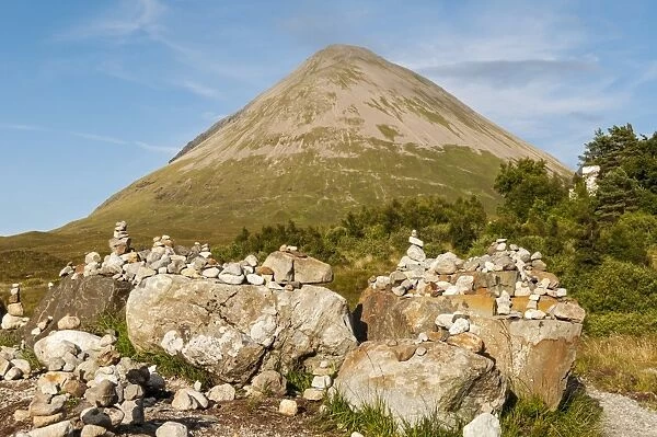 Cairn markers and Glamaig Hill, Sligachan, Isle of Skye, Scotland, United Kingdom