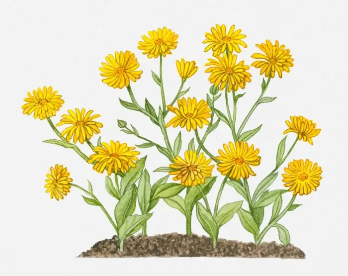 Framed Print : Calendula arvensis (Field Marigold) with yellow flowers and green leaves on long stems Framed Print : Calendula arvensis (Field Marigold) with yellow flowers and green leaves on long stems