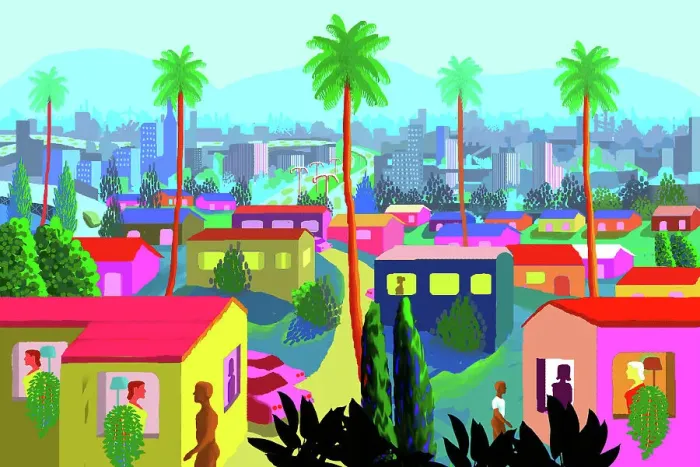 Framed Print : California Suburbs Landscape Illustration in Art Cartoon Style Framed Print : California Suburbs Landscape Illustration in Art Cartoon Style