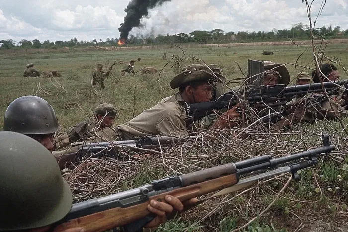 Framed Print : Cambodian Troops Keeping Low in Battle