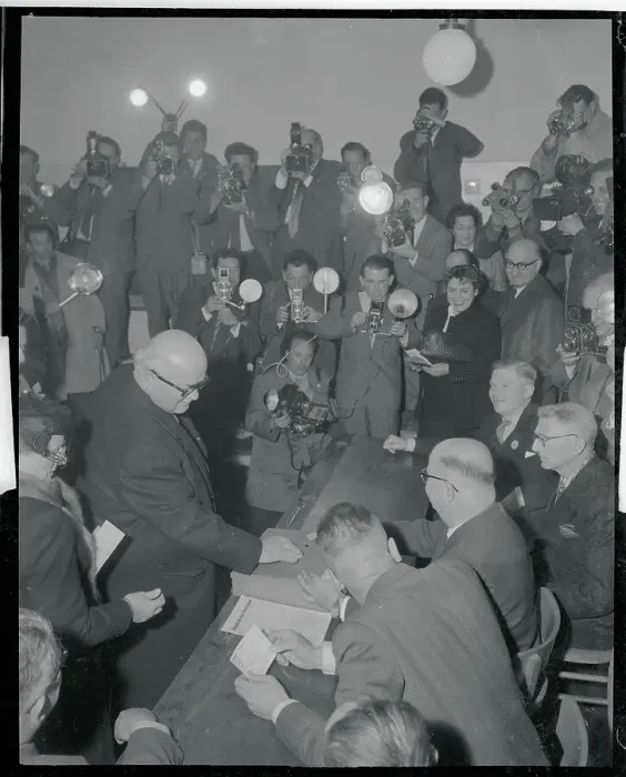 Framed Print : Cameramen Photographing Saar Premier Casting a Ballot