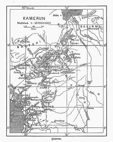 Cameroon map, German colonization, wood engraving, published in 1899