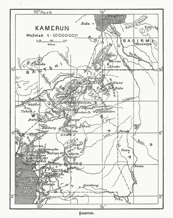 Framed Print : Cameroon map, German colonization, wood engraving, published in 1899 Framed Print : Cameroon map, German colonization, wood engraving, published in 1899