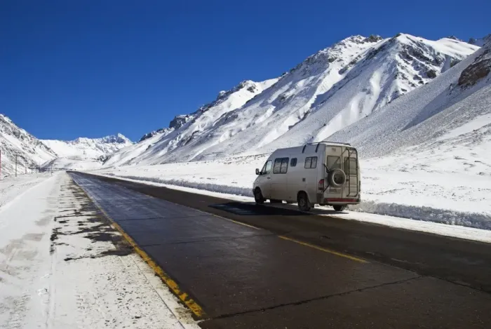 Framed Print : a camper van on the side of a road in parque provincial aconcagua in winter Framed Print : a camper van on the side of a road in parque provincial aconcagua in winter