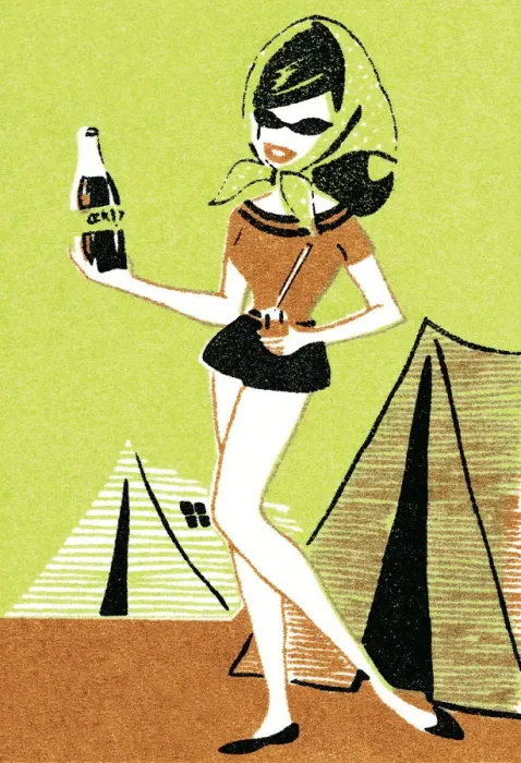 Framed Print : Camping woman with soda Framed Print : Camping woman with soda
