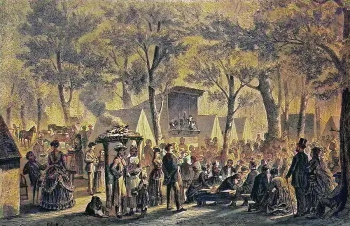 Framed Print : Campmeeting of the Methodists near Philadelphia, USA, historical woodcut, circa 1870, digitally restored reproduction of an original from the 19th century, exact original date unknown, coloured Framed Print : Campmeeting of the Methodists near Philadelphia, USA, historical woodcut, circa 1870, digitally restored reproduction of an original from the 19th century, exact original date unknown, coloured
