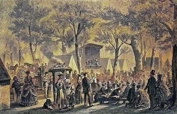 Campmeeting of the Methodists near Philadelphia, USA, historical woodcut, circa 1870, digitally restored reproduction of an original from the 19th century, exact original date unknown, coloured