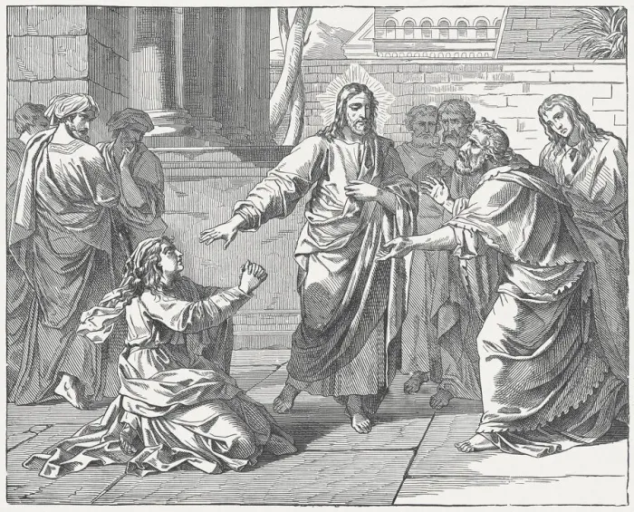 Framed Print : Canaanite Womans Faith (Matthew 15), wood engraving, published in 1877 Framed Print : Canaanite Womans Faith (Matthew 15), wood engraving, published in 1877