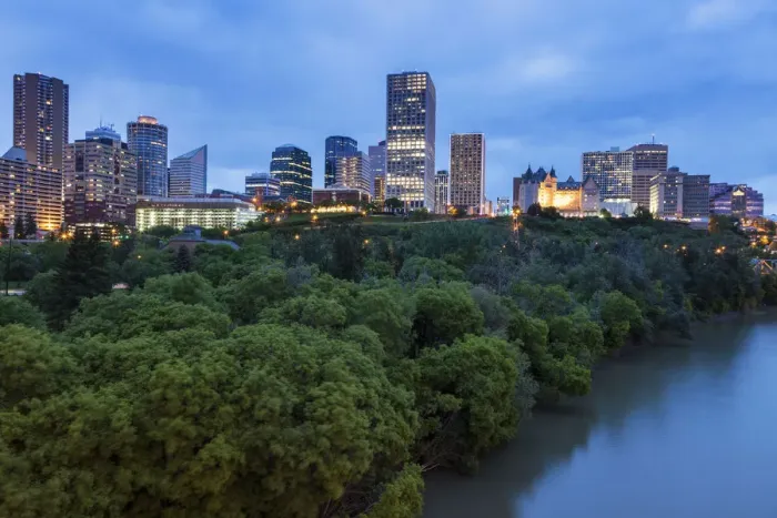 Framed Print : Canada, Alberta, Edmonton, Cityscape with trees and river Framed Print : Canada, Alberta, Edmonton, Cityscape with trees and river
