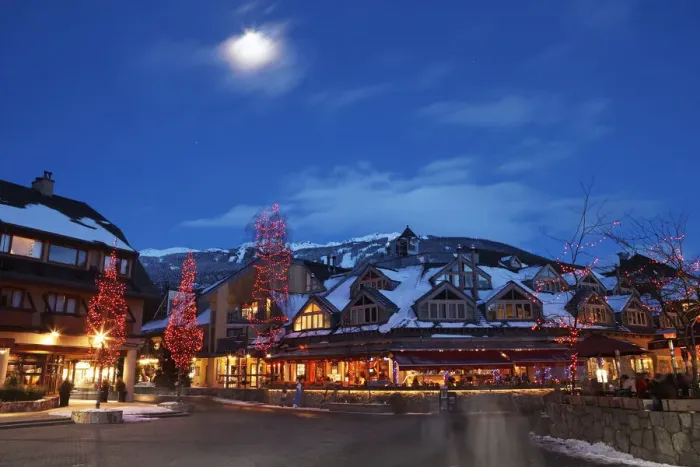 Framed Print : Canada, British Columbia, moon over Whistler Village at dusk Framed Print : Canada, British Columbia, moon over Whistler Village at dusk