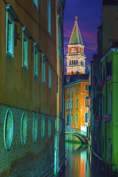 Framed Print : Canal in Venice in the night with the Campanile in the background Framed Print : Canal in Venice in the night with the Campanile in the background