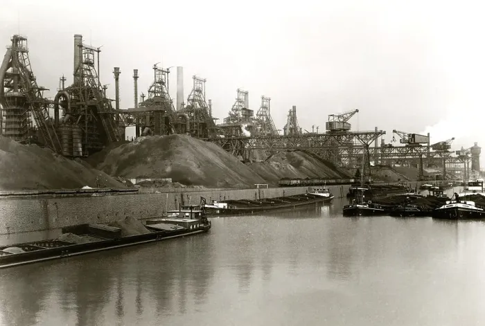 Framed Print : Canal W / Barges &Industrial Complex Bkgrd