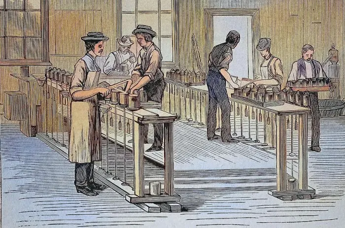 Framed Print : Canning factory of Thurber & Co in Moorestown, c. 1880, New Jersey, USA, here closing the cans, Historic, digitally restored reproduction of a 19th century original Framed Print : Canning factory of Thurber & Co in Moorestown, c. 1880, New Jersey, USA, here closing the cans, Historic, digitally restored reproduction of a 19th century original