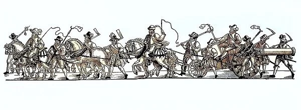 A cannon with complete crew and draft horses, 1592 in Nuremberg, Germany, Artillerymen, Cannoneers, Historic, digitally restored reproduction from a 19th century original