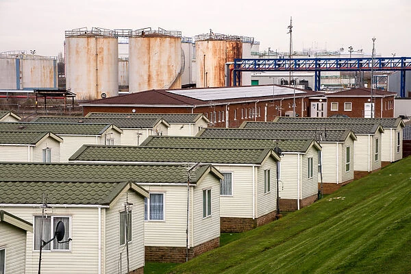 Canvey Island. Holiday homes on Canvey Island with view of gas tanks
