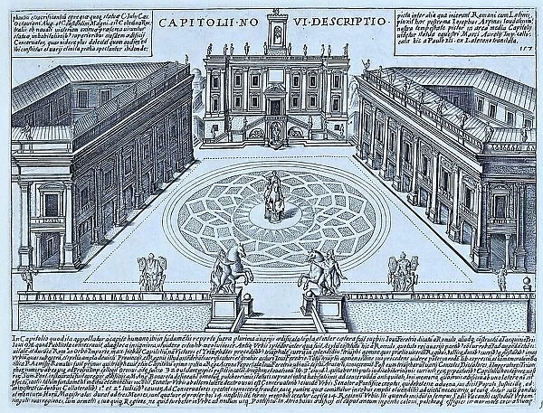 Capitolii Novi Descriptio, The Description of the New Capitol. The Piazza del Campidoglio was designed by Michelangelo Buonarroti during the early Renaissance. It was part of Pope Paul III's plan to revitalise the city, Historic Rome, Italy, digital