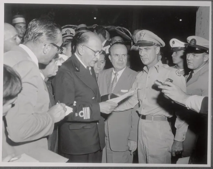 Framed Print : Captain of Andrea Doria Giving Press Conference Framed Print : Captain of Andrea Doria Giving Press Conference