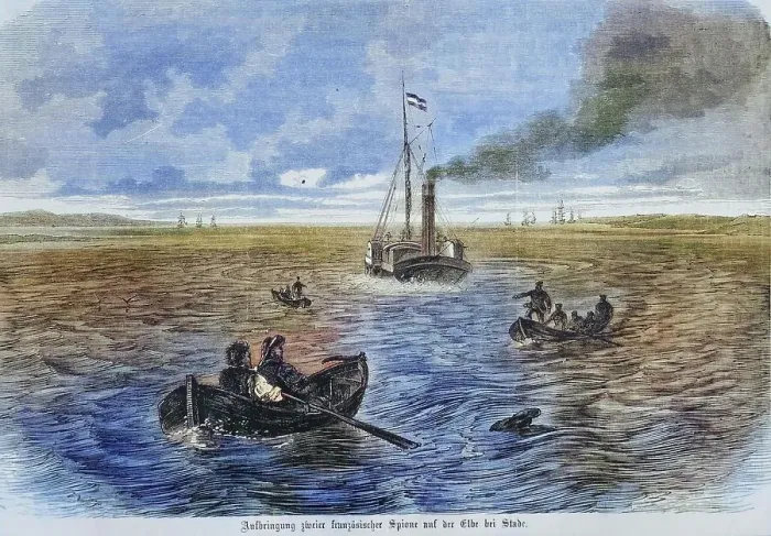 Framed Print : Capture of two french spies on the Elbe River near Stadt, illustrated war history, German, French war 1870-1871, Germany, France Framed Print : Capture of two french spies on the Elbe River near Stadt, illustrated war history, German, French war 1870-1871, Germany, France