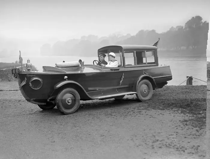 Framed Print : Car Boat. October 1926: The Peugeot motor-boat car, on a river bank Framed Print : Car Boat. October 1926: The Peugeot motor-boat car, on a river bank
