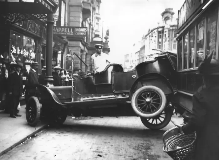 Framed Print : Car Crash. 1910: A car blocks the road after being involved in an accident in Swansea Framed Print : Car Crash. 1910: A car blocks the road after being involved in an accident in Swansea