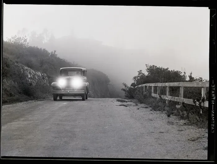 Framed Print : Car Driving With Headlights In Fog Framed Print : Car Driving With Headlights In Fog