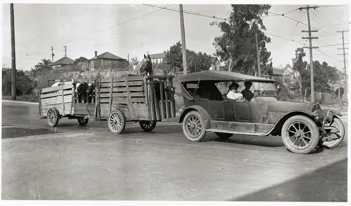 Framed Print : Car Pulling Small Wagons with Cattle