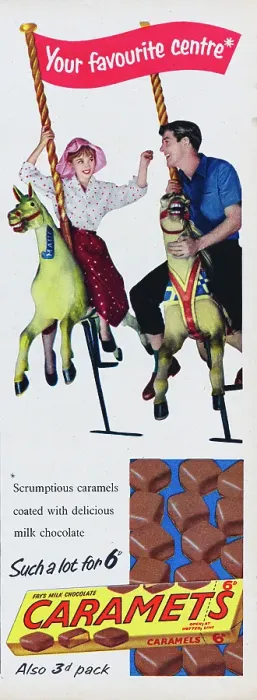 Framed Print : Caramets. 1956: Advertisement for Fry's Milk Chocolate Caramets showing Framed Print : Caramets. 1956: Advertisement for Fry's Milk Chocolate Caramets showing