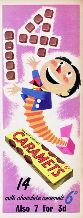 Framed Print : Caramets. 1955: Advertisement for Fry's Milk Chocolate Caramets showing a Jack-in-the-Box Framed Print : Caramets. 1955: Advertisement for Fry's Milk Chocolate Caramets showing a Jack-in-the-Box