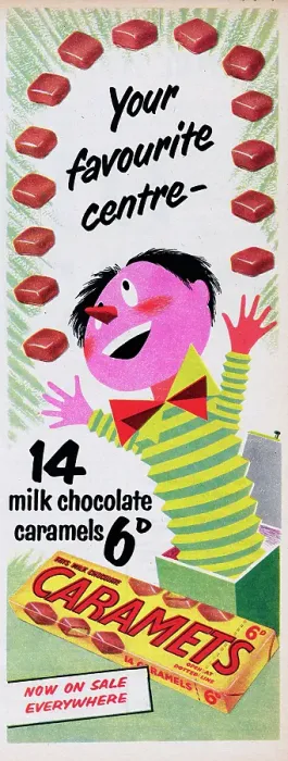 Framed Print : Caramets. 1955: Advertisement for Fry's Milk Chocolate Caramets showing a jack-in-a-box Framed Print : Caramets. 1955: Advertisement for Fry's Milk Chocolate Caramets showing a jack-in-a-box