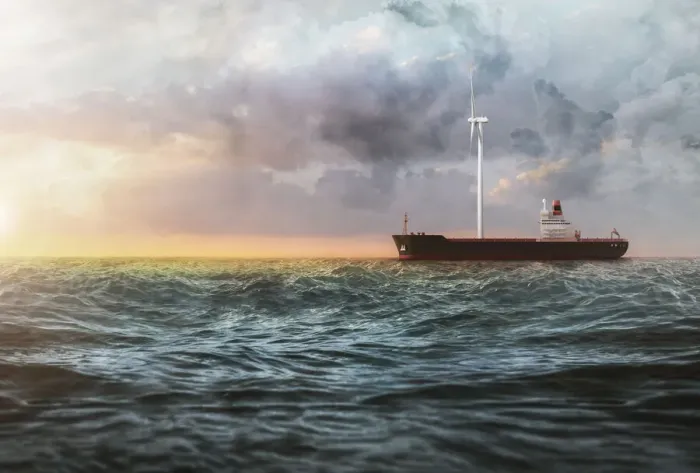 Framed Print : Cargo ship on the sea with a giant wind turbine on the deck Framed Print : Cargo ship on the sea with a giant wind turbine on the deck
