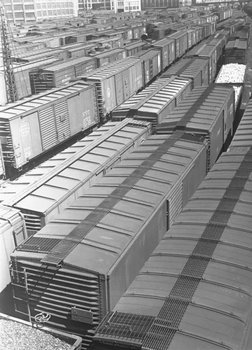 Framed Print : Cargo trains on shunting yard, (B&W), elevated view Framed Print : Cargo trains on shunting yard, (B&W), elevated view