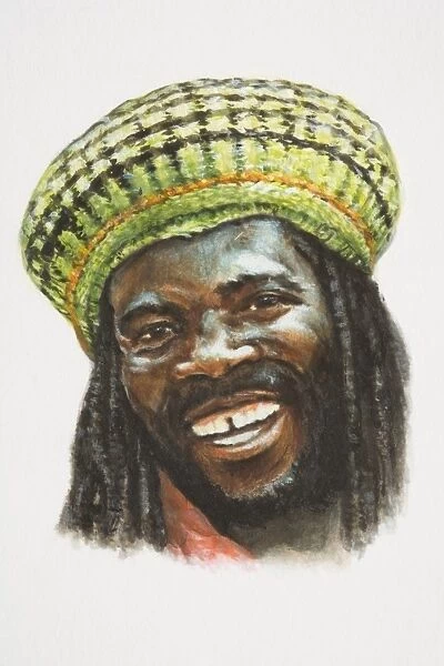 The Caribbeans, head of smiling Afro-Caribbean man with beard, moustache, dreadlocks and yellow hat, front view