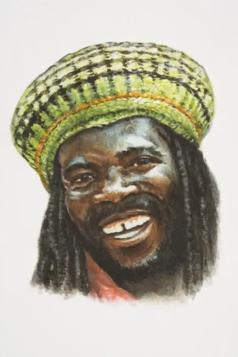 Framed Print : The Caribbeans, head of smiling Afro-Caribbean man with beard, moustache, dreadlocks and yellow hat, front view