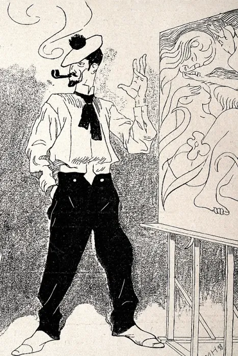 Framed Print : Caricature of an artist standing in front of his latest work of art, smoking pipe, Jugendstil, German Art Nouveau, 1890s, 19th Century Framed Print : Caricature of an artist standing in front of his latest work of art, smoking pipe, Jugendstil, German Art Nouveau, 1890s, 19th Century