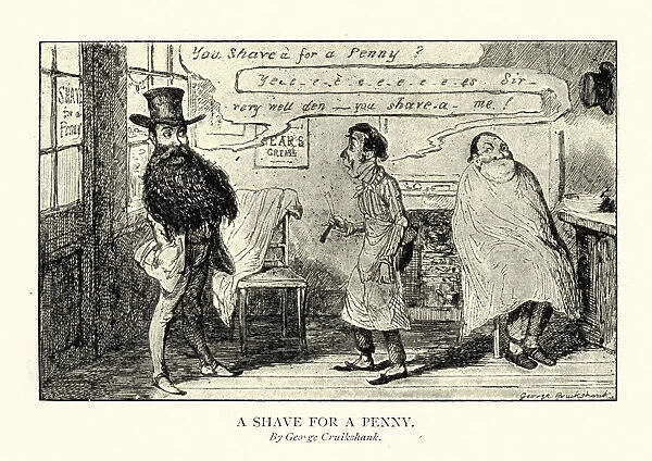 Caricature of a barbers shop, shave for a penny