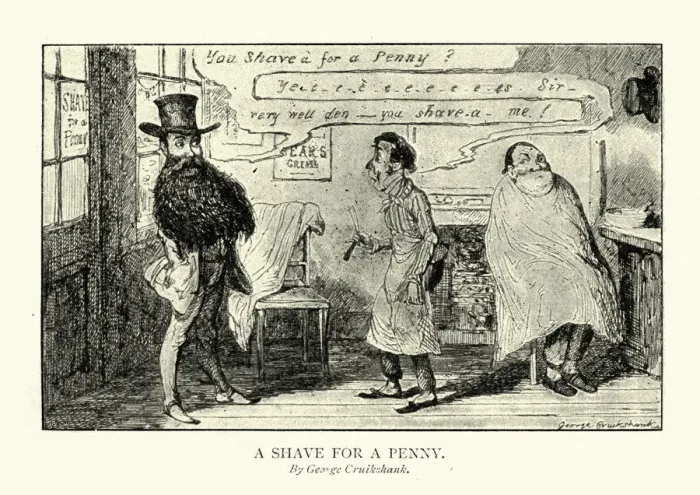 Framed Print : Caricature of a barbers shop, shave for a penny Framed Print : Caricature of a barbers shop, shave for a penny