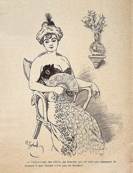 Caricature of beautiful woman holding fan in a low cut dress, 1890s 19th Century