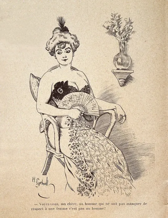 Framed Print : Caricature of beautiful woman holding fan in a low cut dress, 1890s 19th Century Framed Print : Caricature of beautiful woman holding fan in a low cut dress, 1890s 19th Century