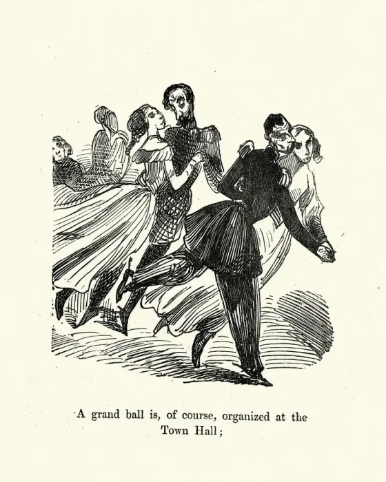 Framed Print : Caricature of couple dancing at a grand ball, Victorian cartoon, Gustave Dore