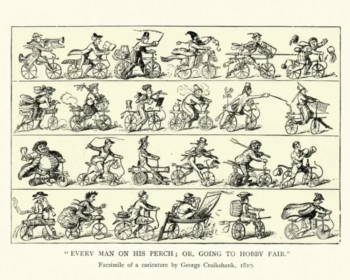 Framed Print : Caricature of early cyclists, history of cycling early 19th Century Framed Print : Caricature of early cyclists, history of cycling early 19th Century