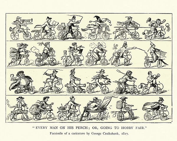 Caricature of early cyclists, history of cycling early 19th Century