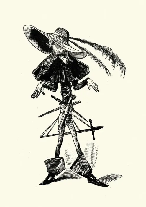 Framed Print : Caricature of a Fencing master swordsman, Sword and daggers in his belt Framed Print : Caricature of a Fencing master swordsman, Sword and daggers in his belt